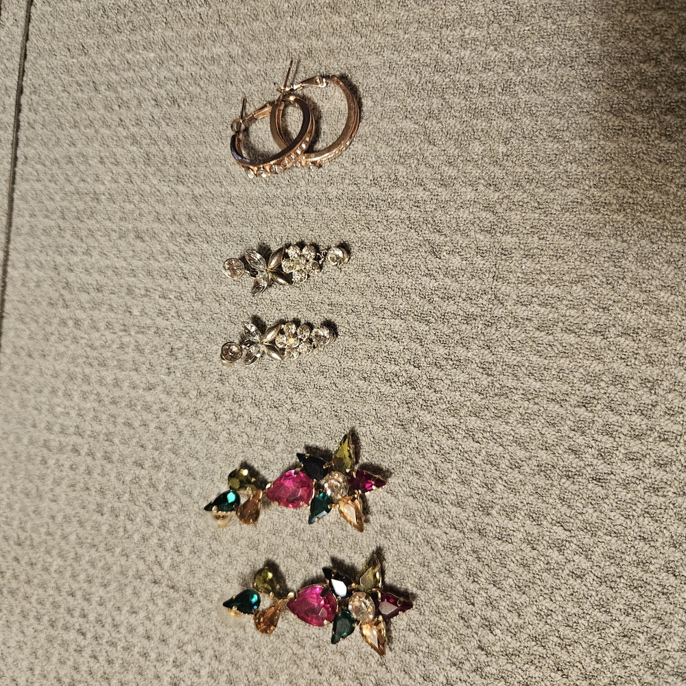 3 Pair Gold-Toned Hoop and Stud Earrings with Multicolor Gemstones